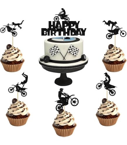 BOOMTOP 9 stuks taartdecoratie verjaardag motorfiets taarttopper taart Happy Birthday motorfiets van papier glitter decoratie voor taartdecoratie Happy Birthday zwart
