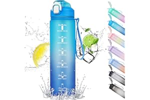 CodiCile 1L Water Bottle, Sports Water Bottle with Straw and Time Markings,Motivational Leakproof 1 litre Water Bottle with BPA Free Lid for Sports Gym Office Running