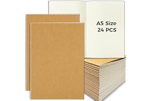 DWIYITTN Lot de 24 Cahiers Blanche A5, Kraft Cahier 60 Page/30 Feuillets Blanc Bloc-notes, Carnet de Notes Carnet de voyage Carnet de dessin pour Enfants Étudiants Adultes École Bureau, Brun