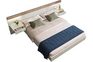 ‎FEZTOY FEZTOY Doppelbett Bettanlage mit 2 LED Nachtkommoden & USB C Steckdose 140 x 200 cm - Holzbett Schlafzimmer Komplett-Set in Eiche Sonoma/Weiß - 205x284x90.5cm (L/B/H), Ohne Matratze