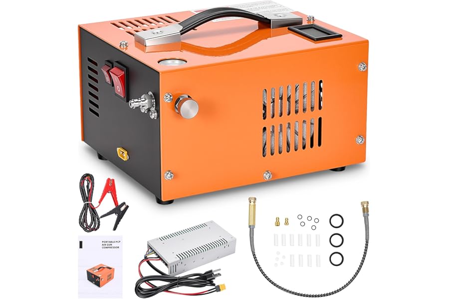PCP Air Compressor 4500PSI, 30MPa 300Bar Portable Air Rifle Pump, 300W Oil/Water-Free High Pressure PCP Compressor, 8MM Quick-Connector, Powered by 220V AC or 12V Car Battery for Paintball Diving Tank