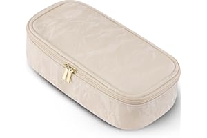 Vlando Neceser de viaje pequeño, bolsa de maquillaje para mujer, portátil, organizador de cosméticos, multifuncional, de piel impermeable, beige, blanco, moderno