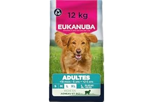 EUKANUBA Life Care Croquettes Chien Adulte Grande Race 18 mois à 6 ans Race Géante 2 à 5 ans, Riche en Agneau & Riz, L-carnitine, Oméga 3&6, FOS, MOS, Sans colorants, arômes artificiels ni OGM – 12 kg