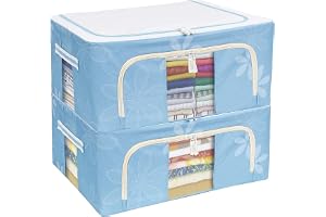 FLYNGO Foldable Steel Frame Clothes Organizer Storage Box for Wardrobe, Saree, Shirts, and Blankets (44 Ltr - Pack of 2, Oxford Fabric)