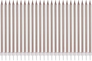 KEERCIGA Metallische Happy Birthday Kerzen hohe Geburtstagskuchen Kerzen Halter lange dünne Cupcake Kerzen Topper für Hochzeit Party Dekoration (24 Stück Metallic Roségold)