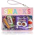 Burskit Clear Zipper Pouch for Travel Snacks Bag Nylon Clear Cosmetic Bag Makeup Travel Bag for Women with Glitter Patch Letters (Pink-Snacks)