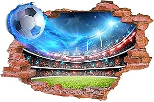 YunBey Tatuaż ścienny do pokoju dziecięcego, piłka nożna, 3D, tatuaż ścienny, samoprzylepny, przełom, piłka nożna, naklejka na ścianę, duża dekoracja, pokój dziecięcy, chłopcy, sypialnia (68 x 45 cm)