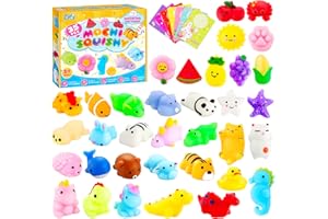 Zefy 35 Pack Squishy Toys with Cards, Mochi Squishy Fidget Toys Christmas Party Bag Fillers for Kids 4-12, Classroom Prizes Treasure Box for Goodie Bags Easter Basket Stuffers Birthday Gifts