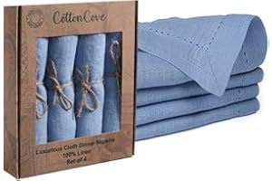 CottonCove 100% Linen Hemstitch Dinner Napkins - Soft Durable Washable - Ideal for Farmhouse Parties Wedding Holidays Christmas - Perfect Everyday Use Set of 4 Table Cloth Napkins 46x46 cm Light Blue