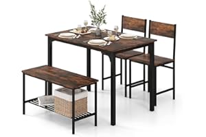 HOMASIS 4-teilig Esstisch-Set mit 2 Stühlen & 1 Bank, industriell Esszimmer-Set mit Rückenlehnen & Lagerregal, Essgruppe aus Holz & Metallrahmen, Sitzgruppe Bartisch für Küche Esszimmer (Dunkelbraun)