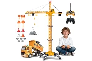 HILKKET Remote Controlled Tower Crane 138 cm Height, RC Crane Toy with 2.4 GHz Remote Control, RC Dump Truck, 6 Channels Tower Crane, 680 Degree Rotation Remote Controlled Tower Crane with Lights, Sound for
