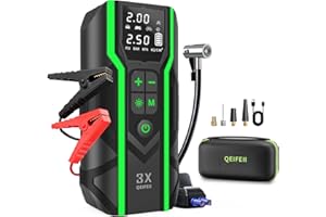 QEIFEII Booster Batterie Voiture 6000A, Démarreur de Batterie de Voiture Portable 160PSI Gonfleur Pneus, 12V (Applicable 10L Essence/Diesel) Écran LCD avec Câbles de Démarrage Intelligents, écran LCD