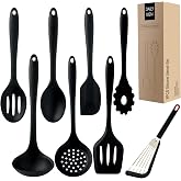Silicone Kitchen Utensil Set, 8 Pieces (Black) | Spatula, Turner, Serving Spoon, Ladle, Slotted Spoon, Pasta Server, Skimmer