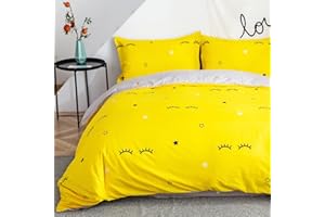 Morbuy Set Copripiumino Una Piazza e Mezza 200 x 200cm e 2 Federe, Sacco Copripiumino Reversibile Ragazza in Microfibra con Motivo di Ciglia e Stelle, Copri Piumone Traspirante, Giallo e Grigio