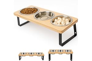 YORKING 3 Cat Bowls with Stand - Adjustable Height Elevated Feeder for Cats & Small Dogs, Stainless Steel Raised Bowls, Anti-Vomit & Anti-Slip Tilted Design, Slow Feeding Pet Food & Water Station