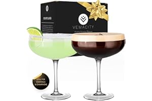 Vemacity Elegante Espresso Martini Gläser 2er Set | Handgefertigte Cocktailgläser Set | Champagner Schalen | Edle Coupe für Margarita & Cocktails | Martinigläser | Ideal für Weihnachten und Neujahr