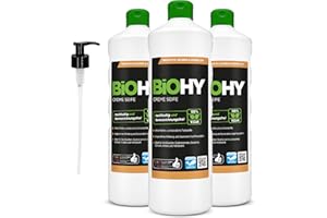 ‎BIOHY BiOHY Flüssig Seife (3 x 1 Liter) + Pumpspender | Hautschonende, rückfettende & flüssige Handseife | PHOSPHATFREI | geruchsneutrale Hygiene | auch für das Gesicht geeignet | ohne Parfüm & Farbstoffe
