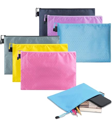 Lot De 6 Pochettes Zippées A5 Imperméables - 24x18 Cm - Pour Documents, Argent, Cosmétiques - Bureau, Voyage, Maison - 12