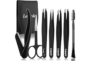 LEIPPLE Pinzette Set 7Pcs für Gesichtsbehaarung Frauen & Männer - Präzisions Pinzetten mit Reiseetui - Edelstahlpinzette für Augenbrauen mit Schere, Rasiermesser, Spiegel für Eingewachsene Haare (Schwarz)