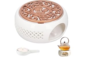 PORFOYO Calientaplatos para tetera, calentador de tetera de cerámica de porcelana blanca con portavelas y alfombrilla de cocina, diseño hueco, calentador de té para café, té, leche, adecuado para muchas
