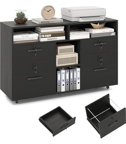 Meuble De Rangement Bureau 2 Tiroirs Avec Placard | 100x35x66 Cm | 5 Roulettes | Noir | Idéal Pour Classeurs Et Fournitures - 2