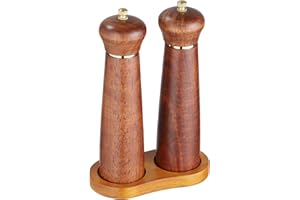 BEZORR Salt and Pepper Grinders Set, 8inch Wood Salt Mill Pepper Grinder Set, Adjustable Coarseness Pepper Mill with Tray,Refillable Spice Grinder Shakers for Cooking and Baking
