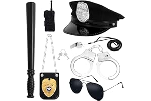 BTHRORO 7 Pezzi Accessori Costume Poliziotto Bambino, Manette Distintivo Polizia Cappello Manganello Kit Poliziotto Giocattolo Bambino per Giochi di Ruolo da Police, Festa di Carnevale Travestimenti