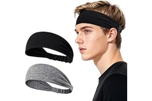 Sularpek 2 Pack Sports Headbands for Men and Women, Elastic Sweatband for Running, Gym, Cycling, Yoga and Workouts, Moisture Wicking Stretchy Hair Band, Black and Grey