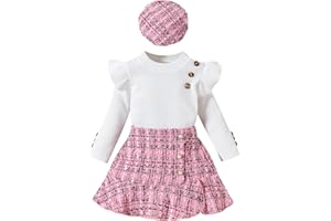 UUAISSO Vestiti per Bambine Maniche Lunghe Top a Coste Motivo Scozzese in Tweed Gonna Basco Bottoni Set Di Abiti