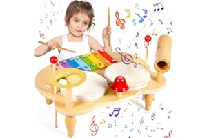 MTINRNI Tambor Juguetes Musicales,10 IN 1 Juguetes Instrumentos Musicales Madera,Juguetes Montessori,Bateria Regalo Niño 3 4 5 6 Año,Regalos para Niños de Navidad y Cumpleaños.