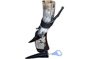 THE ANTIQUE HOUSE Véritable tasse Viking en corne de bière, tasse à vin avec support et décapsuleur, support en cuir, tasse de qualité alimentaire