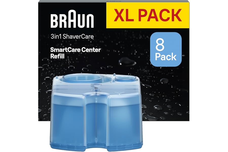 Braun Original Shaver Care SmartCare Centre Refill Cartridges, Cleans 10x Better Than Water, 3in1 Formula with Lemon Fresh Scent, Hygienic Cleaning to Remove Hair & Skin Particles, 8 Pack