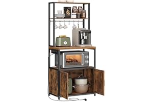 ‎VASAGLE VASAGLE Küchenregal mit Steckdosen, Küchenschrank, 90 cm hoher Arbeitsplatte, Standregal mit 8 Haken, 40 x 60 x 170 cm, vintagebraun-tintenschwarz KKS058K02