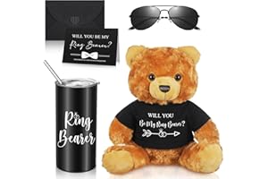 Mepase 6 Pcs Ring Bearer Proposal Gifts Sets, Wedding Party Favors Straw Stuffed Bear with Ring Bearer Tumbler, Will You Be My Ring Bearer Proposal Card Envelope with Sunglasses for Christmas Favors