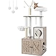 Feandrea WoodyWonders Cat Tree with Litter Box Enclosure, 2-in-1 Modern Cat Tower, Cat Condo with Scratching Posts, Removable Pompom Sticks, Washable Cushions, Greige PCT113G01