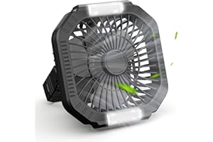 ZWOOS USB Camping Ventilator, 10400mAh Wiederaufladbar Tisch Wand/Leise Ventilator mit 4 Geschwindigkeitsstufen Verstellbaren Tischventilator mit LED-Licht für Outdoor Picknicks, Angeln, Schwarz