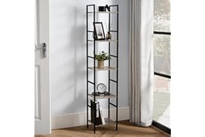 OHS 5 Tier Slim Shelving Unit, Industrial Bookcase Shelf Stand for Home Office Living Room Bedroom Bathroom Narrow Shelves Storage Unit with Metal Frames, Grey - 140 x 30 x 24cm