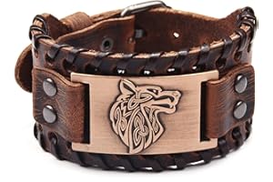 MAYTING Bracelet en Cuir Marron Noir, Bracelet à Motif de Tête de Loup Viking Bracelet à Manchette Large de Style Punk Nordique Vintage pour Hommes et Femmes