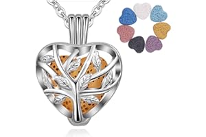 INFUSEU Collares Arbol De La Vida, Aromaterapia Aceites Esenciales Colgante Corazon Perfume De CorazóN Difusor Colgante Con 6 Piezas De Lava Piedras Y Cadena 24" Regalos Para Dama