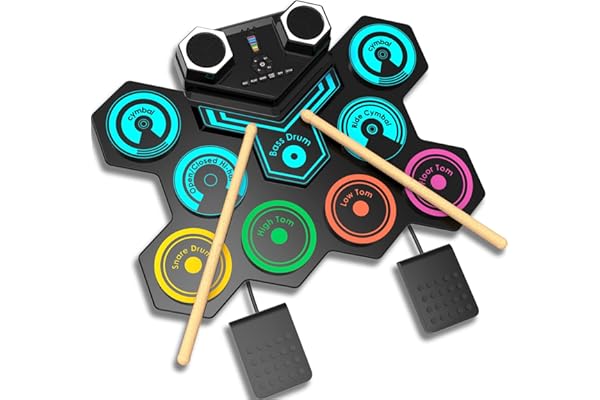 CNAPXAIA Batterie Électronique - 9 Pads de Batterie Portable avec Haut-Parleurs Stéréo Intégrés Baguettes, Batterie Electronique Musicale Pliable Cadeau pour Enfants et Adulte