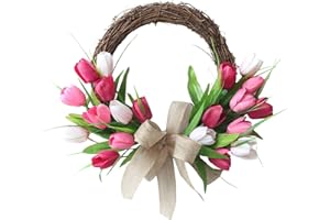 DZAAYEDIIY Artificial Tulip Wreath Diameter 40 cm, Half Covered Spring/summer Door Wreath, Artificial Flower Wreath, Artificial Rattan Wreath, Hanging Holiday Decoration with Green Leaves and Burlap Bow, Pink