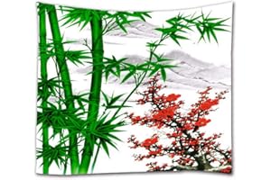 A.Monamour Tapisserie Murale Aquarelle Chinois Traditionnel Vert Bambou Prune Rouge Fleurs Nature Fond Impression Boho Hippie Mandala Tenture Murale Tapisserie Mur Art Décors Tissu Nappe 130X153Cm