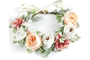 Euakee Blumenkrone, Blumenkranz, Damen Blumenstirnband, Boho Braut Haarschmuck, Blumen Haarkranz mit Band Blumen Haarbänder Blumengirlande für Geburtstag Festival Hochzeit Mädchen (Rosa)