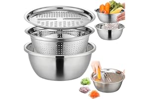 AMOYERIC Rehmanniae Multifunctional Stainless Steel Basin and Grater Set, 3 in 1 Multifunctional Kitchen Grater, 26cm