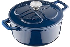 Navaris Pentola in Ghisa Smaltata con Coperchio - Casseruola Ø 24cm - Cocotte Zuppa di Cipolle - Forno Olandese - Pentole Smaltate - per Cuocere Il Pane da Forno e Arrosto - Blu