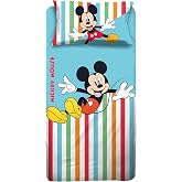 Disney Mickey Mouse Single Bed Sheet Set, Flat Sheet, Fitted Sheet, Pillowcase, Blue, Disney, 100% Cotton, Official Product