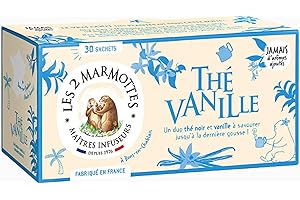 Les 2 Marmottes Thé Vanille - Thé noir BIO à la vanille 100% naturelle - Puissant et gourmand - 30 Sachets par boite - Made in France - 48g