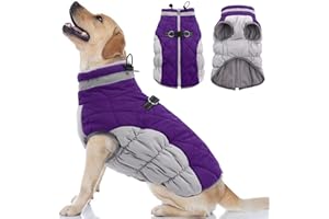 OUOBOB Dog Coat, Dog Jackets for Large Dogs, Dog Winter Coat with Harness Built in, Dog Cold Weather Coats Waterproof, Reflective Dog Snowsuit, Dog Winter Jacket Windproof, Dog Puffer Jacket Purple L