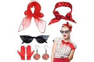 NHYDZSZ 5-częściowy zestaw damskich akcesoriów Rockabilly, do kostiumu w stylu lat 50., akcesoria do sukienki, z szyfonowym szalikiem, okulary z kocimi oczami, opaska na czoło, kolczyki, rękawiczka,