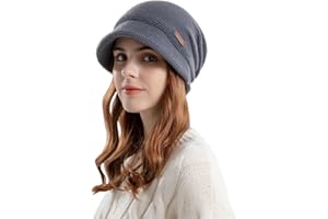 Enwokran Damen Strickmütze Beanie Mütze Gefüttert Fleece mit Krempe Baskenmütze Warme Schirmmütze für Winter